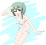  bare_legs bare_shoulders bikini blue_eyes breasts cleavage collarbone daiyousei edamame_(barium) front-tie_top green_hair highres looking_at_viewer navel no_wings open_mouth panties polka_dot polka_dot_bikini polka_dot_swimsuit side-tie_panties side_ponytail smile solo swimsuit touhou underwear wink 