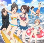  4girls :d badminton_racket bare_shoulders bikini black_hair breasts brown_eyes brown_hair cleavage cloud clouds hair_ornament highres innertube maeda_atsuhiro miyamoto_konatsu multicolored_stripes multiple_boys multiple_girls navel ocean official_art okita_sawa okita_shiho open_mouth polka_dot racket sakai_wakana screencap short_hair sky smile striped striped_bikini striped_swimsuit surfboard swimsuit tanaka_taichi tari_tari water 