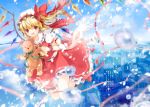  :d blonde_hair blurry blush building flandre_scarlet flying holding kiyu looking_at_viewer open_mouth red_eyes side_ponytail smile solo stuffed_animal stuffed_toy teddy_bear touhou water wings 