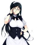  adjusting_glasses alternate_costume apron bespectacled black_hair blue_eyes bowtie breasts buttons detached_collar enmaided glasses hair_between_eyes hand_on_hip hyouka irisu_fuyumi long_hair maid maid_headdress sasamori_tomoe semi-rimless_glasses simple_background sweatdrop waist_apron white_background wrist_cuffs 