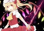  ascot blonde_hair crystal flandre_scarlet foot_worship_(artist) highres open_mouth oslo puffy_sleeves red_eyes short_hair short_sleeves side_ponytail solo touhou weapon wings wrist_cuffs 
