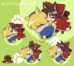  alice_margatroid animal_ears black_eyes blonde_hair blue_dress bon_(rump) bow brown_hair capelet cat_ears cat_paws cat_tail chibi closed_eyes detached_sleeves dress eyes_closed face_licking hair_bow hair_tubes hairband hakurei_reimu kemonomimi_mode licking multiple_girls open_mouth paw_print paws shirt skirt skirt_set tail tongue tongue_out touhou wink yuri 