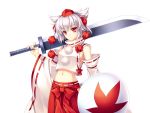  animal_ears detached_sleeves game_cg hat inubashiri_momiji japanese_clothes leaf midriff red_eyes riv shield short_hair solo sword tokin_hat touhou transparent_background weapon white_hair wolf_ears 