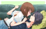  black_hair blush bob_cut brown_eyes brown_hair eye_contact hagiwara_yukiho hug idolmaster kikuchi_makoto looking_at_another multiple_girls pillow short_hair surprised tokage_(nico_seiga) watch wristwatch yuri 