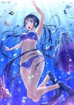  :d amanchu! arm_up bikini blue_eyes blue_hair blush bubble diving fins fish flippers freediving highres kazeno long_hair looking_at_viewer mound_of_venus ooki_futaba open_mouth side-tie_bikini smile solo swimming swimsuit underwater very_long_hair 
