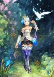  absurdres armor armored_dress bare_shoulders bird blue_eyes boots breasts brown_eyes choker colored_eyelashes crown elbow_gloves forest gloves gwendolyn hair_ornament highres nature odin_sphere polearm shamogin short_hair solo spear weapon white_hair 