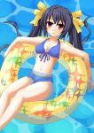  ayastyle bikini black_hair blush bow breasts choujigen_game_neptune cleavage front-tie_top hair_bow hair_ornament highres innertube long_hair looking_at_viewer navel noire partially_submerged red_eyes sarvuant smile solo swimsuit twintails very_long_hair wardrobe_error water 
