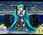 absurdres aqua_hair armpits arms_up blue_eyes boots detached_sleeves hatsune_miku headphones highres kame^^ kneeling long_hair necktie open_mouth skirt solo thigh-highs thigh_boots thighhighs twintails very_long_hair vocaloid 