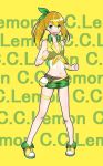  bare_legs bare_shoulders belt blonde_hair bottle c.c._lemon c.c._lemon_(character) character_name clenched_hands green_eyes highres long_hair midriff navel shigure_ame shoes short_shorts shorts smile sneakers solo thigh_strap twintails 