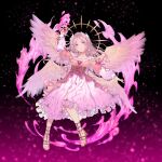  1girl arm_up black_background bomhat closed_mouth collarbone commentary dress full_body halo highres light_smile long_hair long_sleeves looking_at_viewer magic off-shoulder_dress off_shoulder original pink_background pink_dress pink_hair sandals solo violet_eyes wings 
