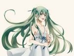 dress flower green_eyes green_hair hair_ribbon hatsune_miku long_hair open_mouth ribbon simple_background smile solo twintails very_long_hair vocaloid white_dress 