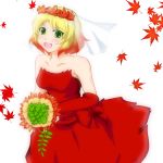  aki_shizuha artist_request bare_shoulders blonde_hair blush bouquet bride dress flower gradient_hair hair_ornament happy highres leaf looking_at_viewer maple_leaf multicolored_hair red_dress solo touhou veil yellow_eyes 