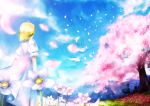  blonde_hair cherry_blossoms dress flower flowers jpeg_artifacts original shino_(artist) short_hair silhouette spring 
