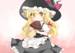  aenobas apron black_dress blonde_hair braid chibi dress eating hair_ribbon hammer_(sunset_beach) hat kirisame_marisa long_hair minigirl mushroom ribbon skirt solo touhou waist_apron witch_hat yellow_eyes 