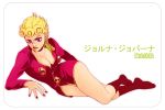  1girl blonde_hair blue_eyes bluemoooon breasts character_name cleavage genderswap giorno_giovanna jojo_no_kimyou_na_bouken nail_polish no_pants posing solo 