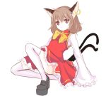  animal_ears bow brown_hair cat_ears chen ear_piercing earrings frown jewelry multiple_tails no_hat no_headwear piercing red_eyes solo tail thigh-highs thighhighs touhou vils white_background white_legwear 