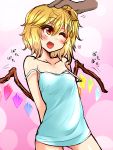  alternate_costume arms_behind_back bare_shoulders blonde_hair blush chemise collarbone fang flandre_scarlet flapping flat_chest hair_bobbles hair_ornament heart highres looking_up off_shoulder open_mouth petting pink_background red_eyes roki_(hirokix) side_ponytail smile solo strap_slip touhou wings wink 