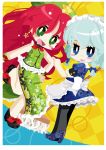  :d apron blush_stickers broom chibi china_dress chinese_clothes dutch_angle earrings floral_print hong_meiling izayoi_sakuya jewelry maid multiple_girls natsuno_riku no_nose open_mouth pantyhose side_slit smile standing_on_one_leg star touhou unmoving_pattern yellow_background 