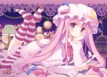  birdcage blush butterfly cage crescent flower hand_on_own_face hat lamp legs_up long_hair looking_at_viewer lying mizuse_kiseki on_stomach patchouli_knowledge purple_eyes purple_hair smile solo striped striped_legwear striped_socks touhou violet_eyes 