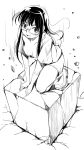  blush breasts broken_ground crack cube down_blouse falling glasses kneeling kubocha long_hair looking_at_viewer monochrome motion_lines original payot simple_background smile solo white_background 