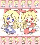  &gt;_&lt; 2girls apron blonde_hair bloomers blue_dress blue_eyes bow chibi dress fang hair_ribbon highres hourai hourai_doll jinrui_wa_suitai_shimashita long_hair makuran multiple_girls open_mouth outstretched_arms red_dress red_eyes ribbon shanghai shanghai_doll smile standing_on_one_leg touhou waist_apron |_| 