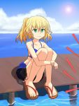  1girl blonde_hair cato_(monocatienus) cloud clouds green_eyes knees_on_chest mizuhashi_parsee pointy_ears ponytail sandals skirt sky solo sun swimsuit touhou water 