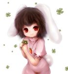  amanojaku animal_ears brown_hair bunny_ears bunny_tail carrot clover four-leaf_clover highres inaba_tewi jewelry necklace rabbit_ears red_eyes short_hair simple_background smile solo tail touhou white_background 