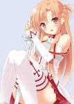  :d asuna_(sao) blush breastplate brown_eyes cross detached_sleeves long_hair looking_at_viewer open_mouth orange_hair pan_(mimi) simple_background smile solo sword sword_art_online thigh-highs thighhighs weapon white_legwear 