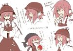  bandanna black_eyes blood blush brown_eyes closed_eyes crossed_arms earrings eyes_closed fan fang grin hat hat_removed headwear_removed holding jewelry kumo_(atm) kumo_(pixiv) musical_note mystia_lorelei open_mouth pink_hair short_hair smile smoke sweatdrop touhou translated wings 