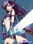  armlet bare_shoulders breasts gauntlets glowing headgear junketsu_duelion junketsu_duelion long_hair mecha_musume official_art open_mouth oumigahara_kirei purple_eyes purple_hair simple_background solo sword thigh-highs thighhighs translated under_boob underboob violet_eyes weapon yangsion 