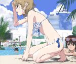  barefoot bikini blush brown_eyes brown_hair cloud front-tie_top goggles goggles_on_head jellyfishurchinfestival kneeling multiple_girls navel open_mouth original partially_submerged pool poolside shiny shiny_skin short_hair side-tie_bikini sky swimsuit water wet 