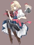  absurdres alice_margatroid blonde_hair blue_eyes book boots bow capelet cierra_(ra-bit) cross-laced_footwear doll hair_bow hairband highres lace-up_boots lance long_hair long_skirt pantyhose polearm sash shanghai_doll short_hair short_sleeves skirt solo touhou weapon 