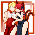  aki_shizuha animal_ears artist_request blonde_hair blush bow braid china_dress chinese_clothes embarrassed flat_chest food gradient_hair highres kaenbyou_rin laughing legs lipstick makeup multicolored_hair multiple_girls navel nikuman red_hair redhead side_slit slender tail touhou yellow_eyes 