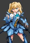  absurdres armor blonde_hair blue_eyes blue_legwear bnahabra_(armor) colored_eyelashes highres mole monster_hunter monster_hunter_portable_3rd open_mouth realmbw solo thigh-highs thighhighs twintails 