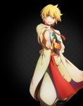  1boy ali_baba_saluja arabian_clothes arm_behind_back black_background blonde_hair choker earrings highres jewelry magi_the_labyrinth_of_magic male official_art orange_eyes solo sword weapon 