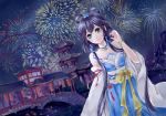  aerial_fireworks bare_shoulders chinese_clothes east_asian_architecture fireworks green_eyes hair_rings luo_tianyi night solo vocaloid 
