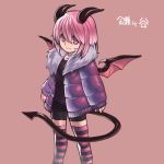  copyright_request demon_tail horns moth_sabbath simple_background smile solo striped tail wings 
