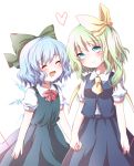  ascot blue_dress blue_eyes blue_hair blush bow cirno closed_eyes daiyousei dress eyes_closed fairy_wings fang green_hair hair_bow hair_ribbon hand_holding heart highres holding_hands kuromame_(8gou) multiple_girls open_mouth red_string ribbon shirt side_ponytail skirt skirt_set smile string touhou wings 