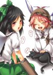  arm_cannon black_hair blush cat earrings hat jewelry kaenbyou_rin kaenbyou_rin_(cat) liminarity long_hair multiple_girls multiple_tails mystia_lorelei petting pink_hair red_eyes reiuji_utsuho short_hair simple_background smile tail touhou weapon white_background wings 