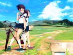  back-to-back bicycle black_hair closed_umbrella cloud field glasses grass hill kneehighs mouth_hold multiple_girls original oshou_(classic1418408) pigeon-toed puddle red-framed_glasses road scenery school_uniform serafuku shoes short_hair skirt sky smile sneakers socks transparent_umbrella tupet umbrella white_legwear 