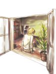  2boys blonde_hair bracelet brown_hair cup fate/zero fate_(series) from_behind gilgamesh jewelry kotomine_kirei m0towaka multiple_boys necklace plant potted_plant white_background window wine wine_glass 