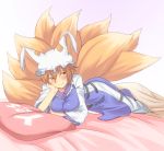  1girl blonde_hair blush breasts brown_eyes chin_rest fox_tail hat lying multiple_tails nahu on_stomach short_hair smile solo tail touhou yakumo_ran yes-no_pillow 