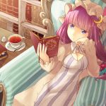  blue_eyes book bookmark bookshelf bow breasts cleavage cleavage_cutout crescent cup hair_bow hat indoors long_hair magic_circle nail_polish patchouli_knowledge purple_hair reading sitting solo spoon table taoru tea teacup touhou very_long_hair 