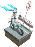  39 aqua_eyes aqua_hair boots cross-section cross_section dress faux_figurine floating_hair gloves goggles guard_rail hatsune_miku helmet highres long_hair motor_vehicle motorcycle riding road_sign sign simple_background solo twintails vehicle vocaloid white_background yosiya 