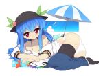  ass black_legwear blue_hair blush bra food fruit hat hinanawi_tenshi long_hair looking_at_viewer lying off_shoulder on_side open_clothes open_shirt panties parasol peach pink_eyes shibatenko skirt skirt_down solo thigh-highs thighhighs touhou umbrella underwear white_bra white_panties 