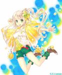  :d belt bubble c.c._lemon c.c._lemon_(character) character_name green_eyes hair_bobbles hair_ornament looking_at_viewer open_mouth outstretched_arm shorts side_ponytail silver_hair smile solo title_drop yamyom 