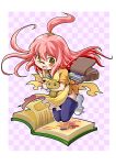  absurdres book copyright_request glasses highres kubocha long_hair looking_at_viewer open_mouth pink_hair recursion smile solo thigh-highs thighhighs 
