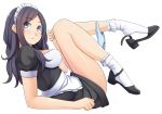  blue_eyes blush feet legs long_hair looking_up maid maid_headdress on_back original panties panties_around_leg panties_around_one_leg pinkwaters shoe_dangle socks solo underwear white_background white_legwear 