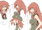  black_eyes blue_eyes blush bow braid closed_eyes eyes_closed fang grin hat hat_removed headwear_removed holding hong_meiling impossible_clothes kumo_(atm) kumo_(pixiv) long_hair open_mouth outstretched_arms red_hair redhead ribbon smile sweatdrop touhou translation_request twin_braids vest 