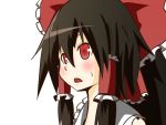  brown_hair frills hair_between_eyes hair_ribbon hair_tubes hakurei_reimu kumo_(atm) kumo_(pixiv) long_hair open_mouth red_eyes ribbon sweat touhou 